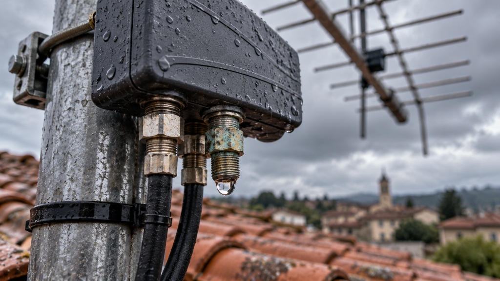 Connettore coassiale bagnato su amplificatore da palo antenna TV dopo temporale