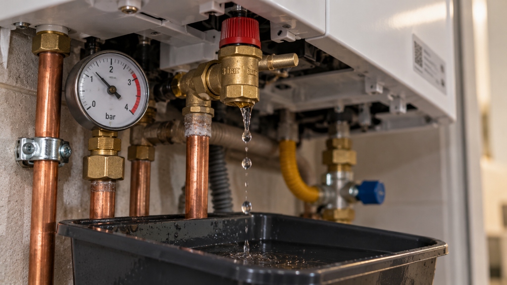 Dettaglio valvola di sicurezza da 3 bar sotto la caldaia che perde gocce d'acqua in una bacinella
