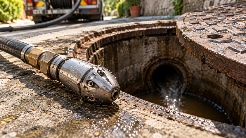 Dettaglio macro pozzetto fognario aperto con ugello canal-jet in acciaio e autospurgo