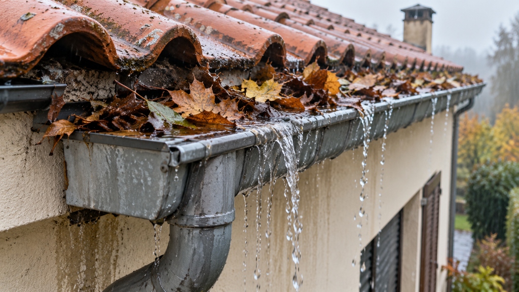 Canale di gronda e pluviale di tetto in tegole colmi di foglie autunnali e acqua che trabocca sulla facciata