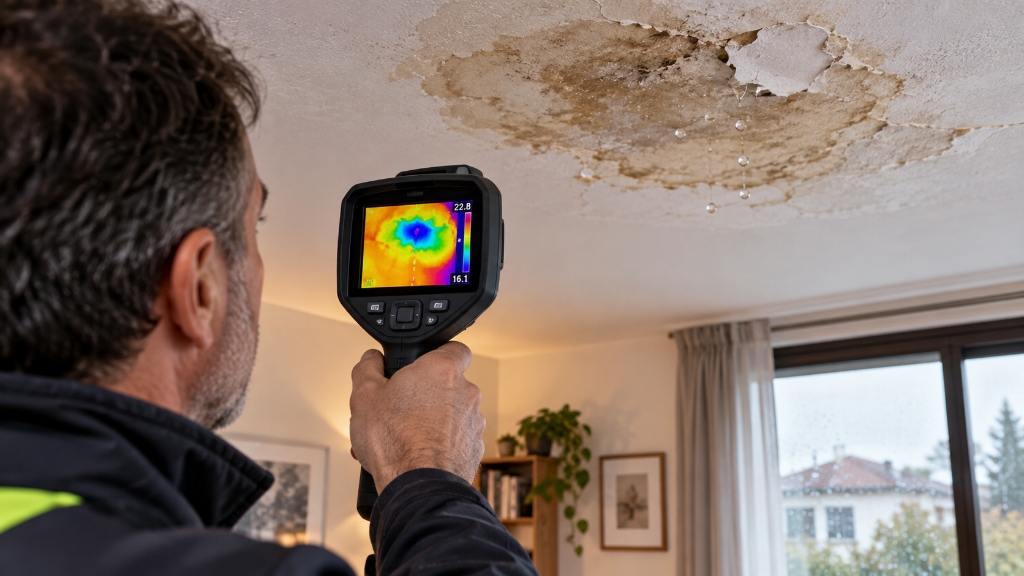 Ispezione con termocamera a infrarossi di una macchia d'infiltrazione d'acqua dal soffitto dopo la pioggia