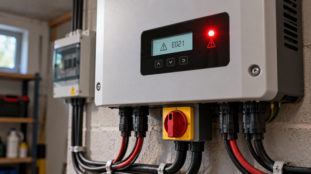 Dettaglio macro display inverter fotovoltaico con spia LED rossa di errore e sezionatore DC
