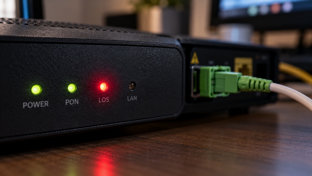 Spia rossa LOS di allarme accesa su pannello frontale modem fibra ottica