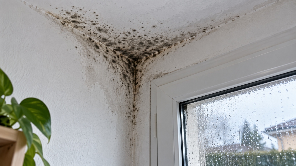 Angolo superiore della stanza tra pareti e soffitto coperto da macchie nere di muffa e condensa da ponte termico