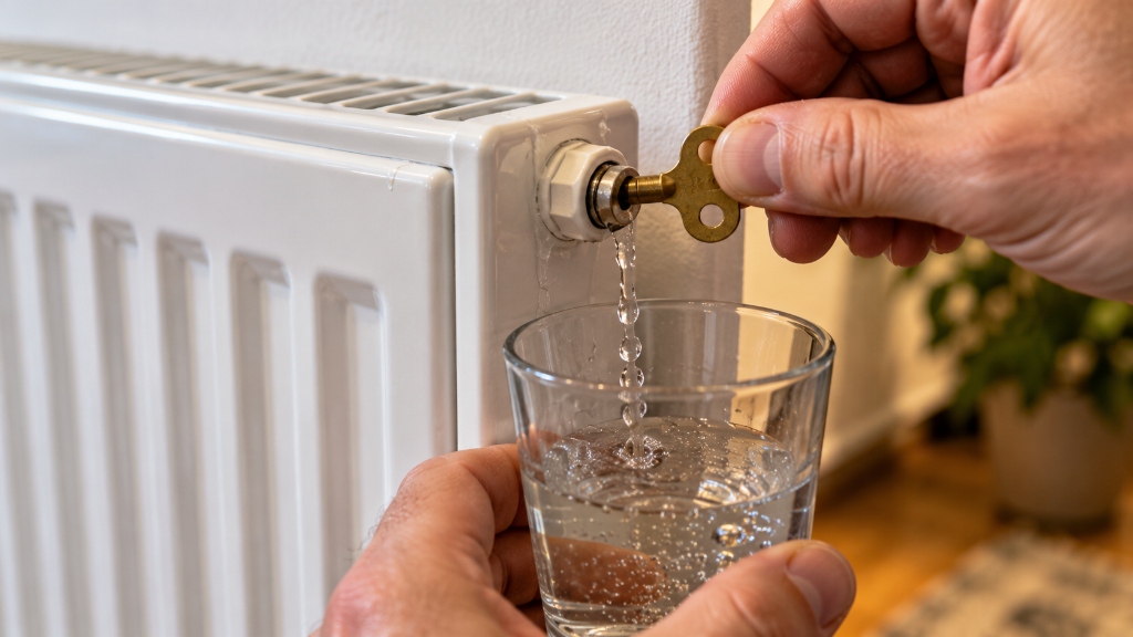 Dettaglio mano con chiavetta d'ottone che sfiata la valvolina del termosifone con bicchiere