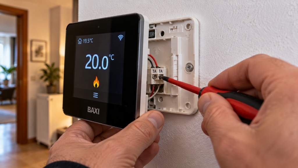 Dettaglio morsetti TA e display di un termostato ambiente digitale a parete con cacciavite di regolazione
