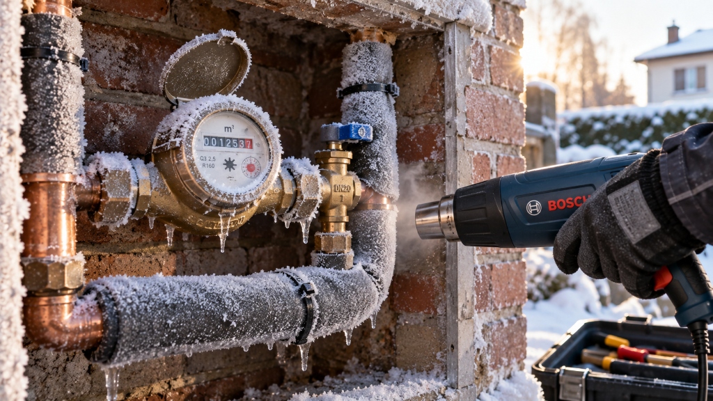 Idraulico con termofon ad aria calda che scongela un contatore dell'acqua e tubazioni coperte di ghiaccio